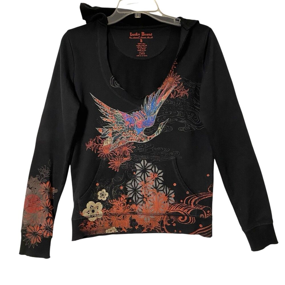 Vintage Lucky Brand Y2K Hoodie Womens S Black V-neck Japanese Asian Tattoo Theme
